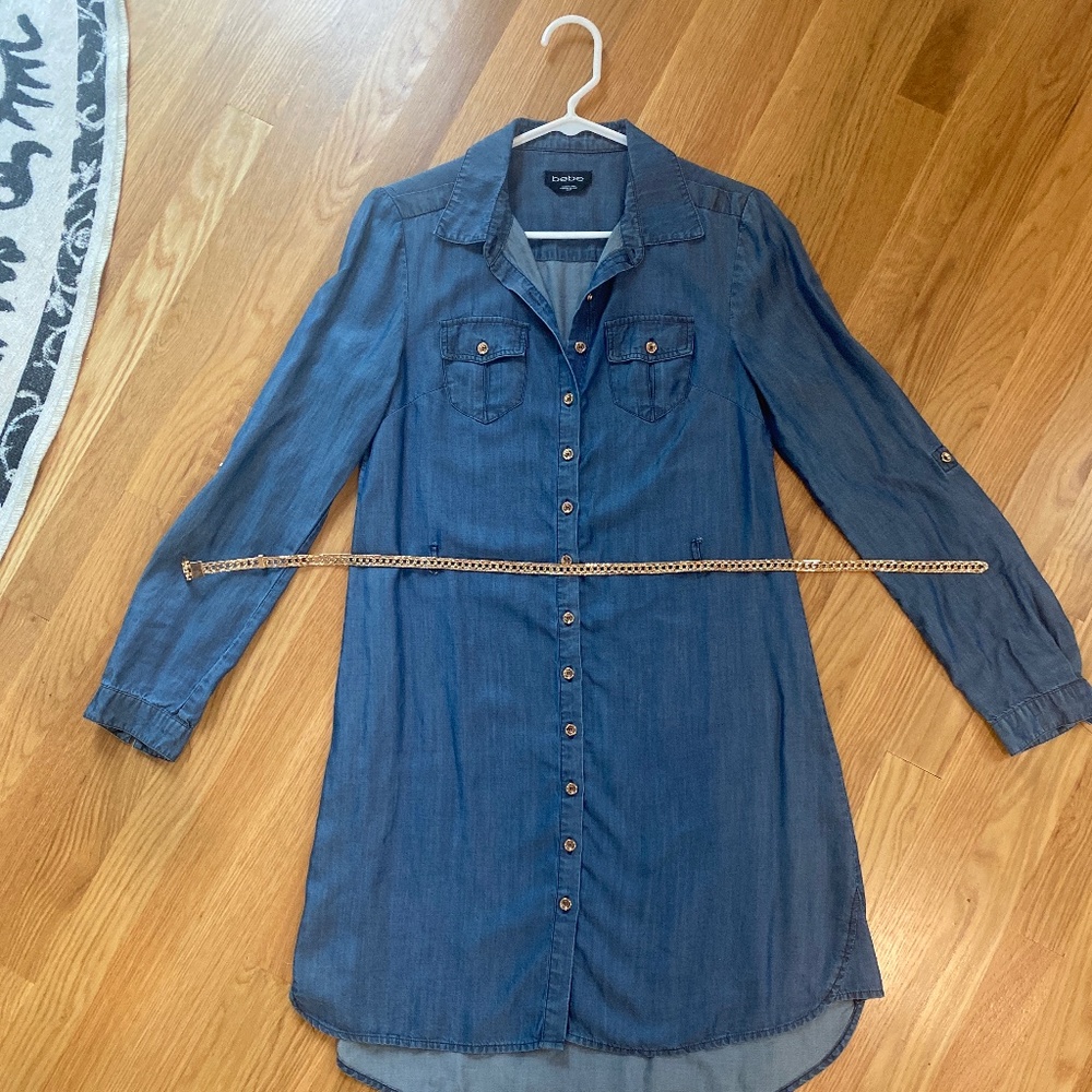 Bebe dress blue denim style with gold belt